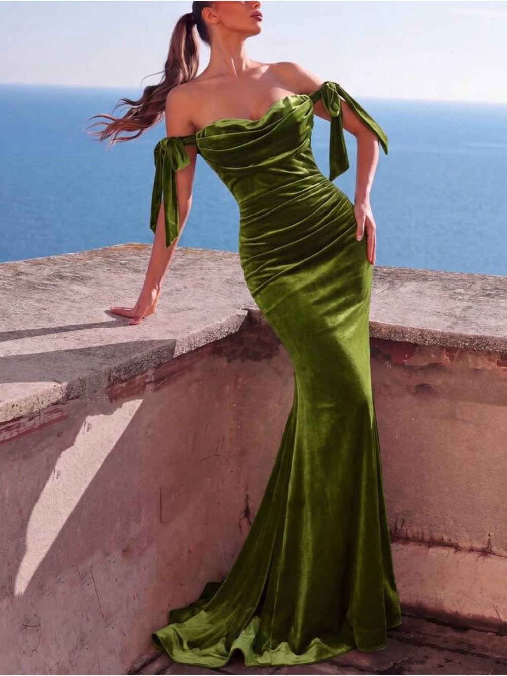 Off-Shoulder Olive Green Velvet Mermaid Evening Dress - Picture 4 of 4